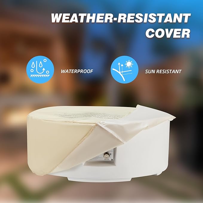 ECOTOUGE 2-Piece Gas Fire Pit, Outdoor Propane Firepit Table Set w/Tank Cover, 30''Auto-Ignition Round Steel Fire Table, 50,000 BTU Concrete fire Pit w/Weather-Resistant Pit Cover, Lava Rocks, White