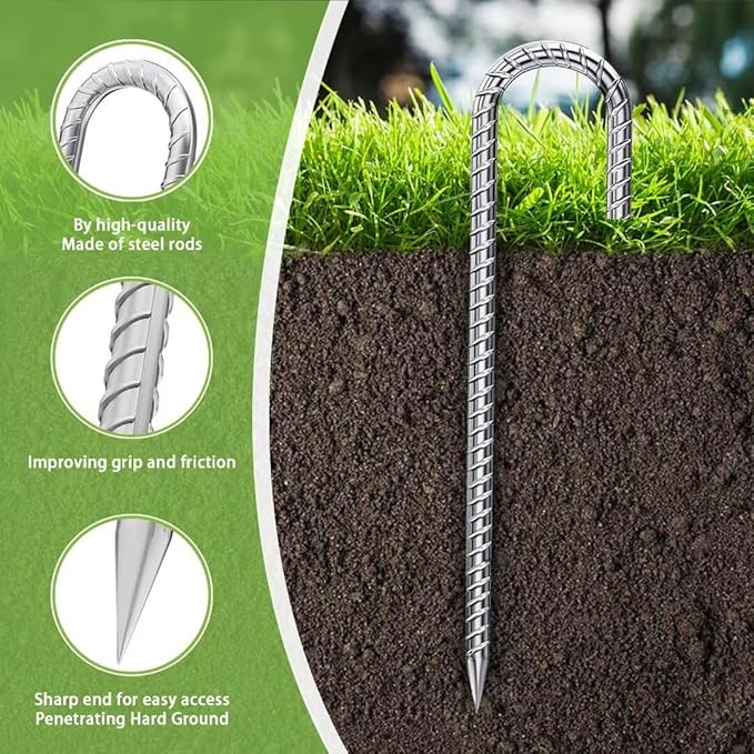 Rebar-Stakes-12-Inch, Ground Stakes Heavy Duty for High Winds Galvanized Anti-Rust J Hook 20pcs Metal Stakes for Ground Heavy Duty Ground Anchors for Garden Dog Fence Chicken Coop Water Pipe