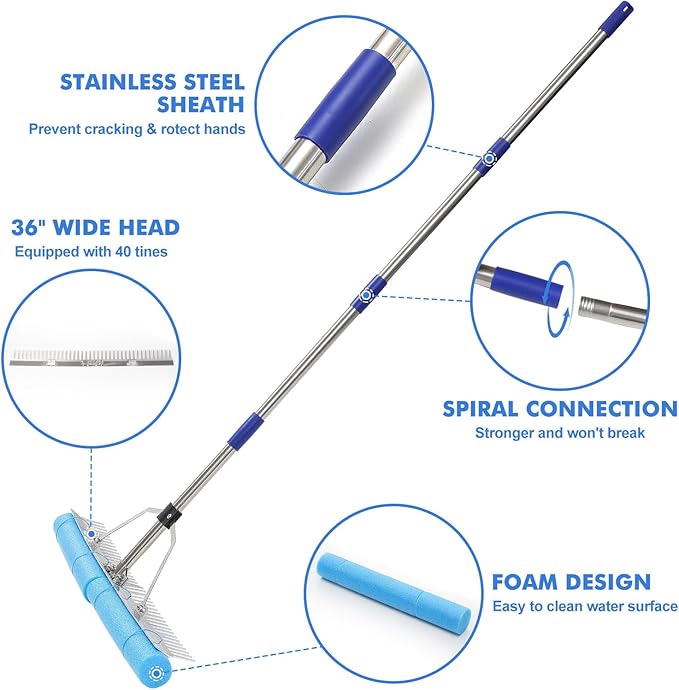 Landscape Rake, 60 Inch Adjustable Lightweight Pond Rake 36" Width Aluminum for Removing Weeds, Leaves, Beautifying Coastlines and Beaches