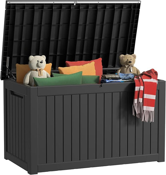 230 Gallon Outdoor Storage Box Waterproof, UV Resistant Resin Deck Box with Hydraulic Rod, Reinforced Stability for Patio, Garden,Striped Black
