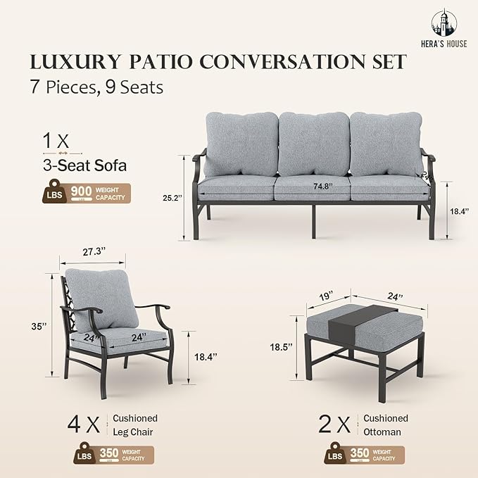HERA'S HOUSE 7 Piece Patio Furniture Set, 4 x Metal Cushioned Chair, 2 x Cushioned Ottoman, 1 x 3-Seat Sofa, Outdoor Conversation Set for Lawn Garden Backyard, Grey