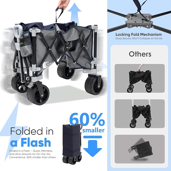 Collapsible Wagon Cart with 440lbs Weight Capacity, Heavy Duty Foldable Wagon with Big All-Terrain Wheels & Drink Holders, Utility Carts for Camping, Garden, Outdoor, Grocery, Sports. Gray