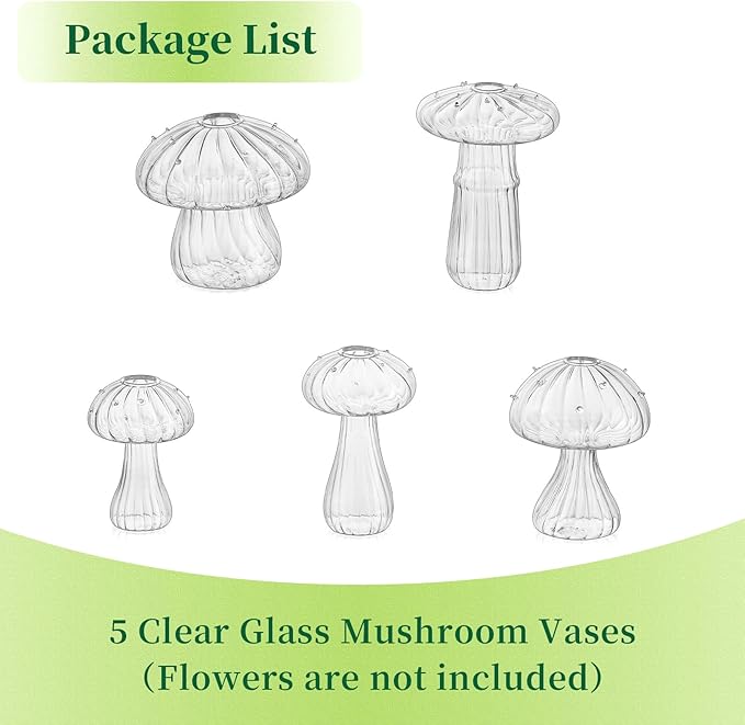 Mushroom Jars for Plants, Hewory 5pcs Clear Glass Mushroom Bud Vase for Flowers, Unique Plant Propagation Stations Propagating Vases Decor, Mini Cute Hydroponic Terrarium Planter for Indoor Planters