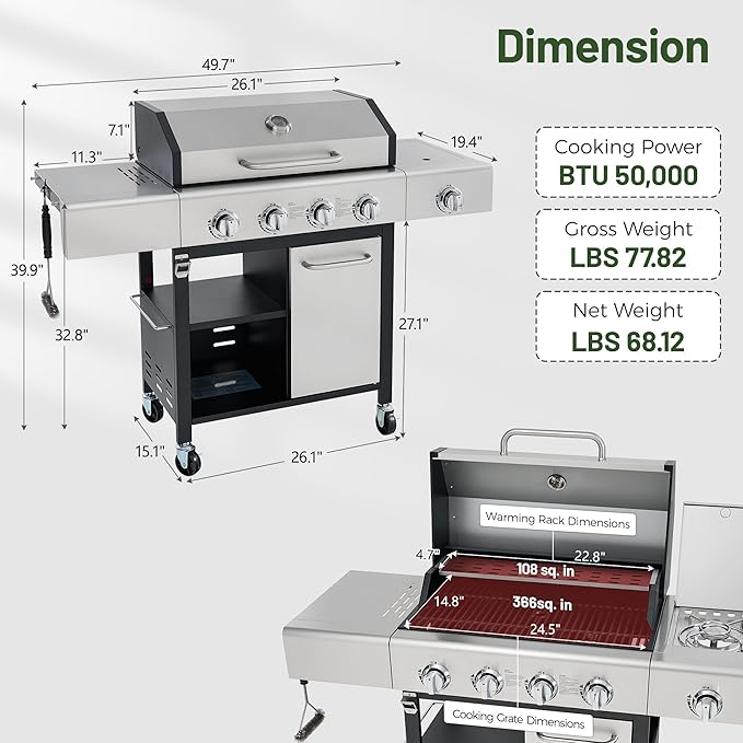 4-Burner Propane Gas BBQ Grill with Wheels, 40,000 BTU Output Stainless Steel Barbecue Grill for Backyard, Outdoor Cooking Easy Assembly, Foldable Side Tables & Spice Rack (Silver)