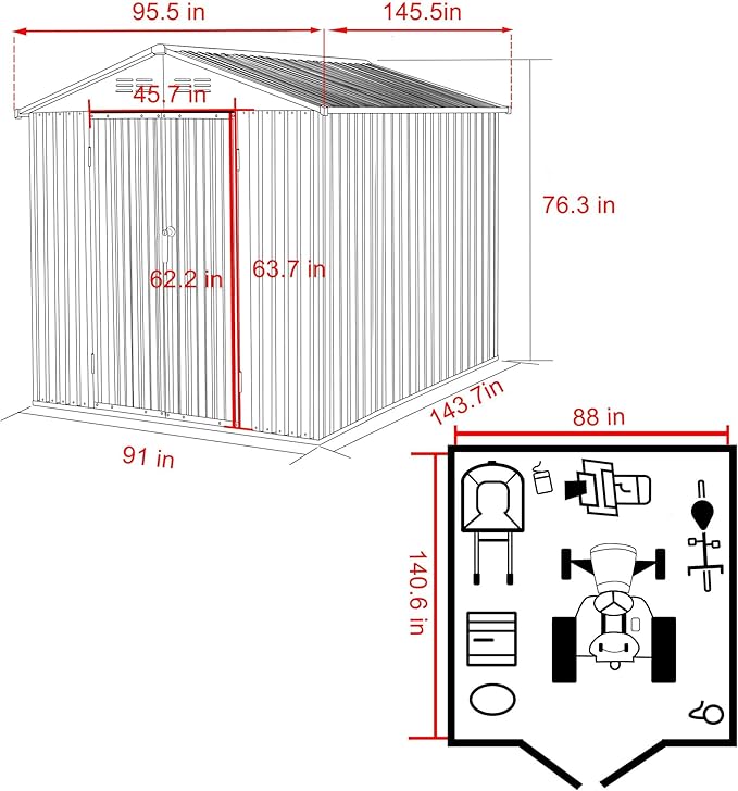 MUPATER 8x12 FT Outdoor Metal Storage Shed, Waterproof Garden Tool Shed Kit with Lockable Doors, Garden Furniture Tools Storage Shed House with Vents for Backyard, Patio, Grey