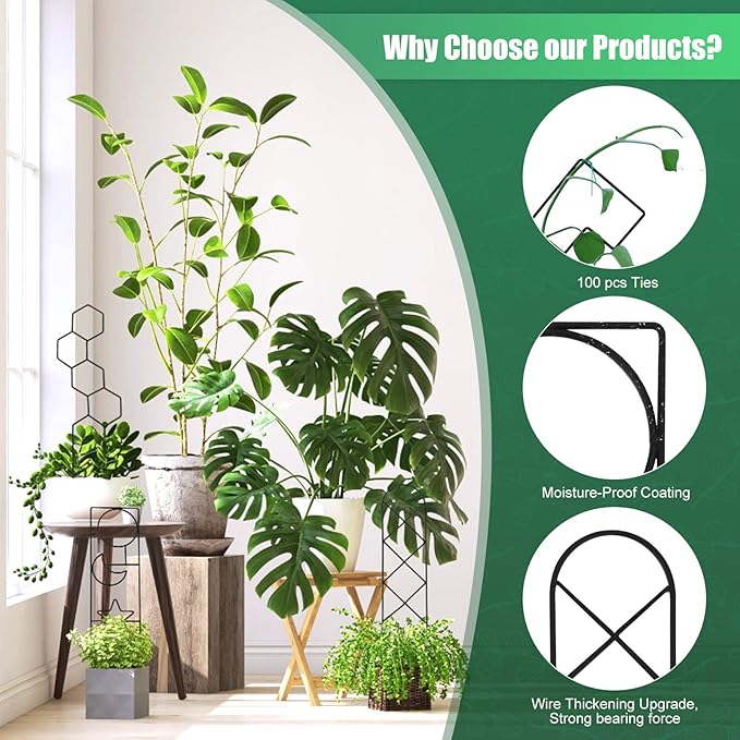Plant Trellis for Climbing Plants Indoor, 15.94Inch Small Garden Metal Houseplant Trellis for Potted Plants Outdoor with 4 Patterns for Vine Ivy Flower Plant Support Lover Gifts Lattice
