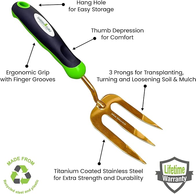 Garden Guru Titanium Hand Weeder Fork Tool – Rust Resistant – Ergonomic Handle – Great for Planting, Spreading Mulch, Weeding, Loosening & Transplanting Soil