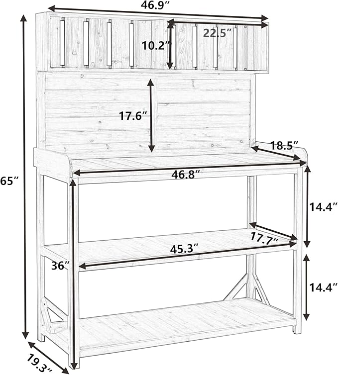 Outdoor Wooden Potting Bench Table – Farmhouse Garden Workstation with Drawers, Cabinet & Storage Shelves, Large Fir Wood Work Table for Patio, Backyard, Mudroom, Greenhouse (Natural, 65'' H)