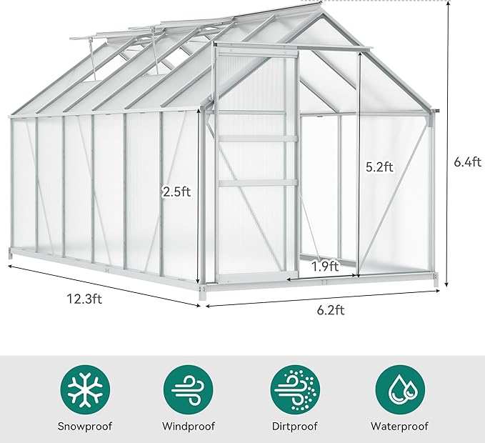 YITAHOME 12x6FT Polycarbonate Greenhouse Large Heavy Duty Green Houses Outdoor Aluminum Greenhouses with Sliding Doors Vent Window Walk-in Greenhouse for Garden Backyard, Silver