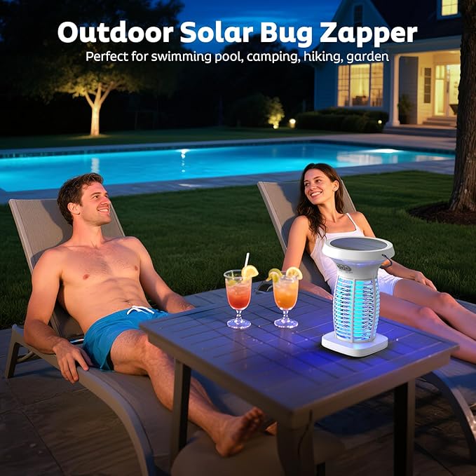 Bug Zapper Outdoor with Solar Panel, Electric Mosquito Zapper Waterproof Rechargeable Wireless for Indoor Outdoor