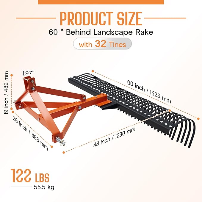 Specraft 3 Point Tow Behind Rake, 60" Adjustable Angle with 32 Steel Tines, Lawn Dethatcher Landscape Rake with Attachments for Field, Yard Cleanup