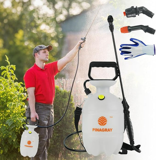 1 Gallon/3.78L Pressure Sprayer - Multi-Use Pump Mister for Garden, Lawn & Home with 2 Nozzles, Shoulder Strap & Gloves - Ideal as Weed, Plant & Water Sprayer