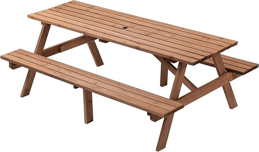 Picnic Table with Bench for 6-8 Person Outdoor Wooden Rectangle Table for Backyard, Porch, Patio, Deck w/Umbrella Hole -Brown