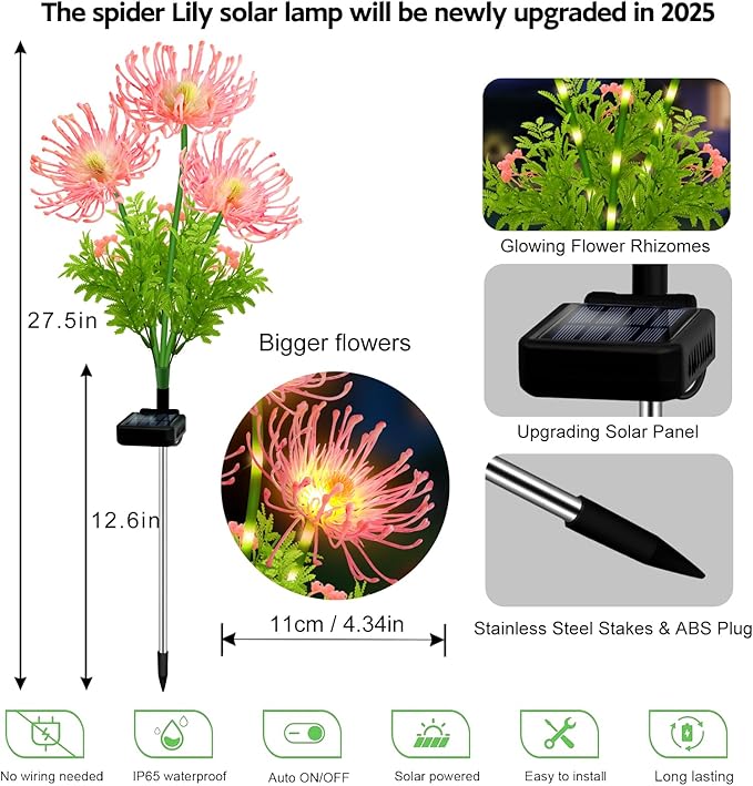 Solar Outdoor Lights Pink Spider Lily – 4 Pack 12-Head Waterproof Garden Flower Lights with Glowing Stems,Decorative Solar Powered Yard,Patio & Lawn Decor,Christmas & Gardening Gifts for Women Grandma