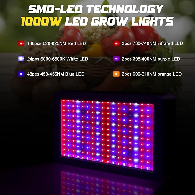 Supervitae 2 Pack 1000 watt LED Grow Lights for Indoor Plants Full Spectrum Growing Tent Lamps with Veg & Bloom & Veg-Bloom 3 Modes, Daisy Chain and Temperature Hygrometer for Vegetable and Flower