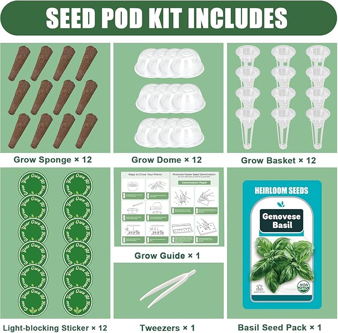 Basil Seed Pods for All Hydroponics Growing Systems, 12 Pods Herb Kit with 200+ Seeds of Genovese Basil, Grow Your Own Herb Garden at Home