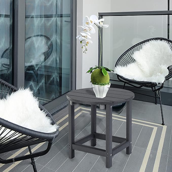 LZRS Round Adirondack Patio Side Table End Table, Outdoor Side Tables for Patio, Backyard,Pool, Indoor Companion, Easy Maintenance & Weather Resistant(Grey)