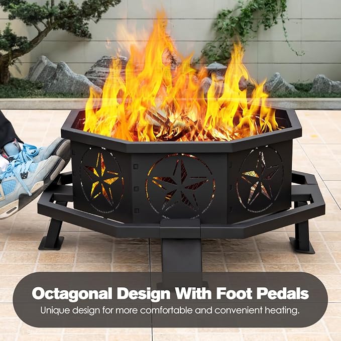 32 Inch Octagonal Outdoor Fire Pit,Wood Burning Fire Pit with Fire Poker,Firepits for Outside Bonfire,Camping,Backyard, Garden,Patio