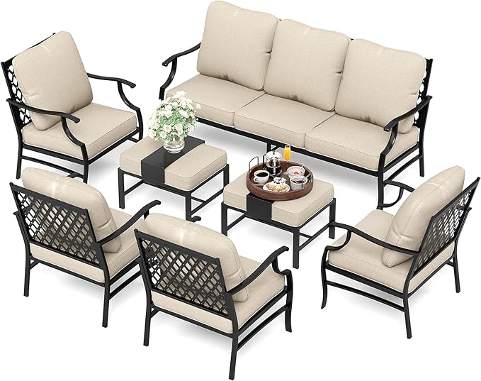 HERA'S HOUSE 7 Piece Patio Furniture Set, 4 x Fixed Metal Cushioned Chair, 2 x Cushioned Ottoman, 1 x 3-Seat Sofa, Outdoor Conversation Set for Lawn Garden Backyard Poolside