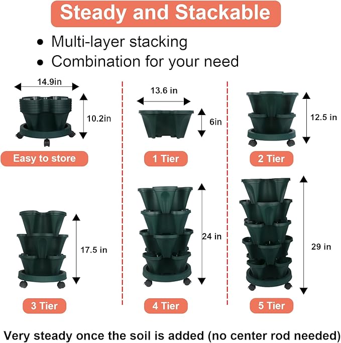Vertical Planter 5 Tier Stackable Planters Garden Planters Strawberry Herb Flower and Vegetable Planter Indoor Outdoor Gardening Pots with Removable Wheels and Tools 2-Pack