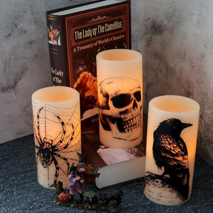 Eldnacele Halloween LED Flameless Flickering Candles Battery Operated with 6H Timer Skull Spider Web Crow Raven Spooky Decals Halloween Themed Indoor Decoration(3 Pack, D3 x H6)
