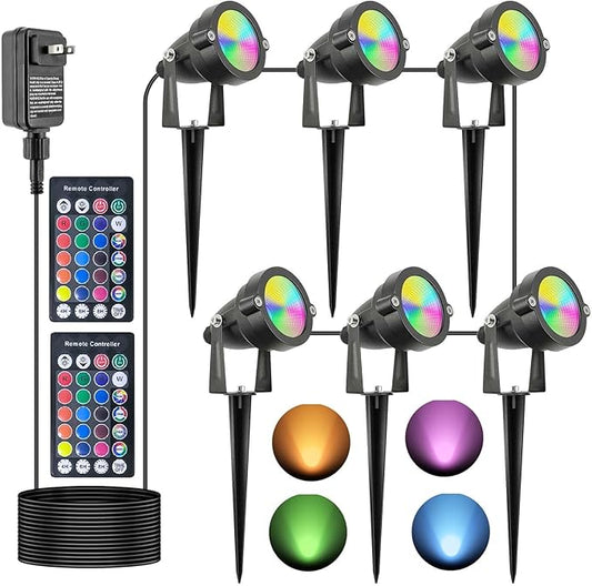 24W Halloween SpotLights with Timer, IP65 Waterproof Metal Landscape Lights RGB Spot Lights Outdoor Color Changing Spotlight for Yard Garden, 6 Lights