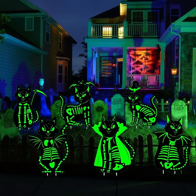 16.5”×12.6” Halloween Black Cat Yard Decorations Glowing in The Dark, 6Pcs Spooky Halloween Skeleton Cat Signs for Outdoor Porch, Garden, Graveyard and Party, Waterproof and Durable Yard Stake