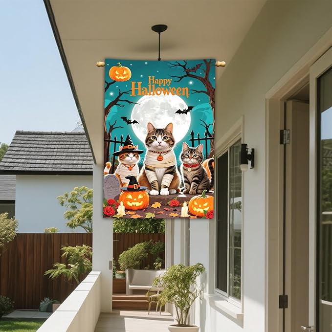 IVN Halloween Cat Garden Flag 28 x 40 Inch Double Sided House Flag with Moon Pumpkin and Bat Design for Spooky Outdoor Porch Decor