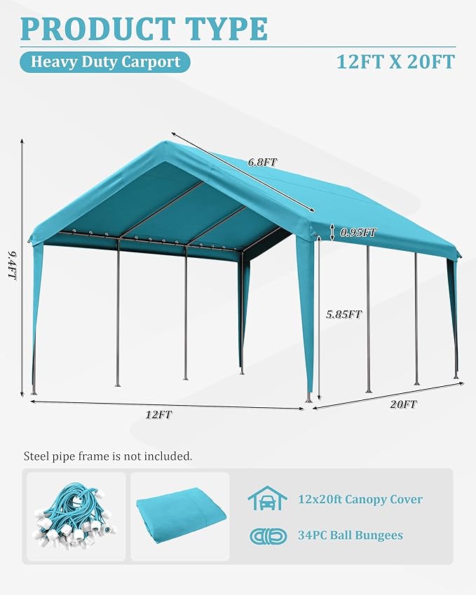Carport Canopy Replacement Cover 12x20 Heavy Duty Outdoor Portable Car Canopy Oxford Waterproof UV & Tear Resistant Garage with Ball Bungees (Frame is Not Included)