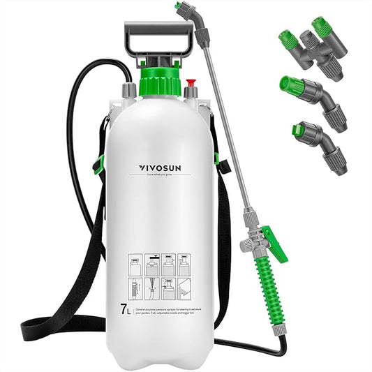 VIVOSUN 1.8 Gal/7L Pump Sprayer, Garden Water Sprayer for Plants, Weeds & Lawn Care, with 3 Nozzles, 50'' Long Hose & Pressure Relief Valve