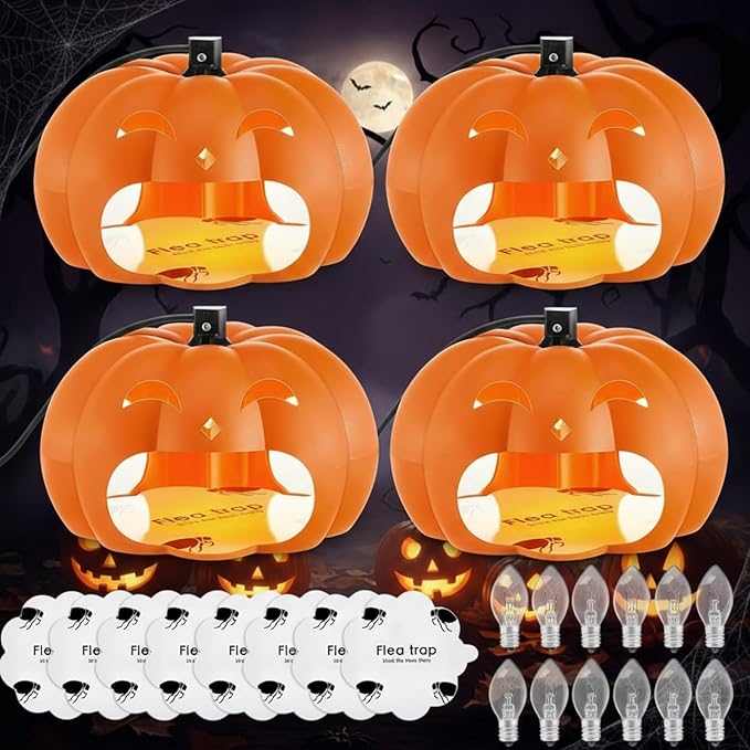 Qualirey 4 Pieces Flea Traps with 8 Sticky Disc 12 Bulbs 4 Electric Wires Pumpkin Halloween Flea Traps for Inside Your Home Light Trap for Indoor Safe to Pets