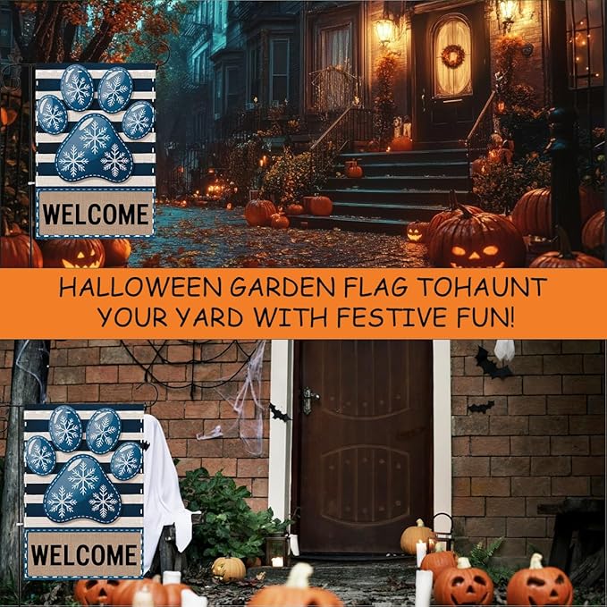 Fokongna Winter Welcome Garden Flag, Dog Paw Print Winter Christmas Decor Garden Flag, 12x18 Inch Burlap Vertical Double Sided Flags, for Home Yard Outside Decorations