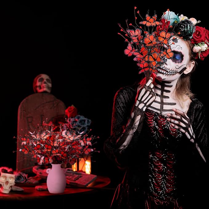 8 Pcs Monarch Butterfly Day of The Dead Decorations, Artificial Butterfly Picks Flower Bouquet for Altar Vase Filler Table Centerpiece Home Decor Halloween Floral Arrangements