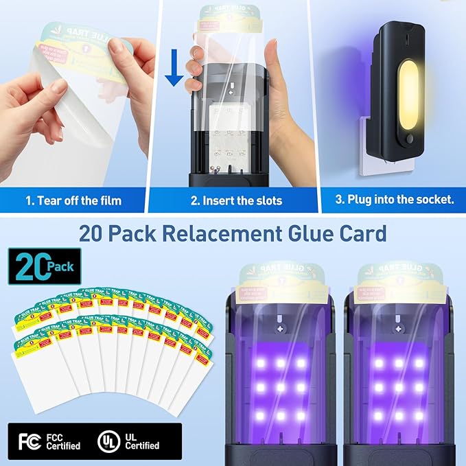 Fruit Fly Trap for Indoors-2PCS, 2 in 1 Fly Trap Indoor with Night Light for Home with 20 Refills, Gnat Traps for House Indoor, Plug-in Insect Trap for Gnats, Flies, Moths-Black