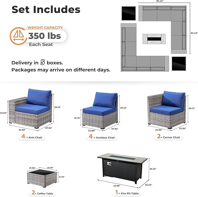 ovios 13 Pieces Patio Furniture Set, Outdoor Wicker Sectional Sofa with 54 Inch Fire Pit Table Comfy Cushions, Modern Modular Deep Seat Rattan Couch Conversation Set, Navy Blue