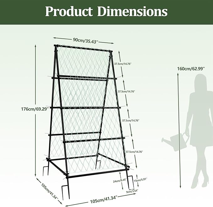 unho Garden Trellis for Climbing Plants with Tough Nylon Netting, 6ft Tall Sturdy Rustproof Metal Plant Support Tower for Vegetable Fruit Vine Cucumber Garden Lightweight，Outdoor