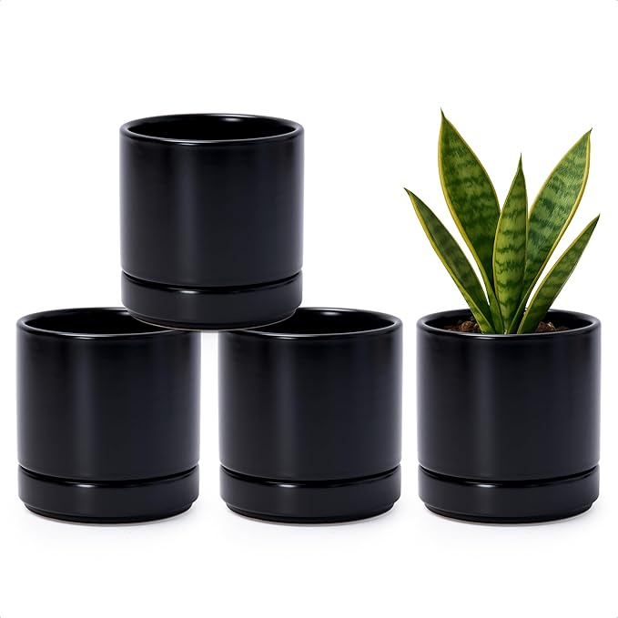 D'vine Dev Set of 4 Small Ceramic Plant Pots, 4.7 Inch Succulent Planter Pot for Plants with Drainage Hole and Saucer, Black, 94-X-B-2