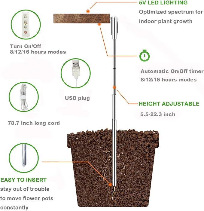 yadoker Plant Grow Light, LED Growing Light Full Spectrum for Indoor Plants,Height Adjustable, Automatic Timer, 5V Low Safe Voltage,Idea for Small Plants