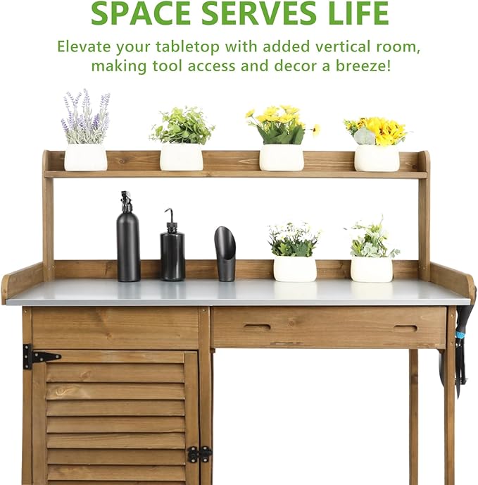 Garden Potting Benche Table Outdoor Wooden Work Station W/Metal Table top,Cabinet,Drawer,Large Bottom Shelf,Open Shelf Natural Wood-Brown-Brown