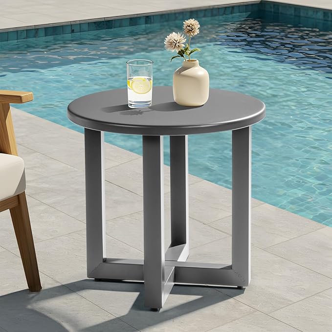 VINGLI Round Outdoor Side Table, Small Metal Outdoor Table Patio End Tables for Balcony, Porch, Garden and Poolside (Grey)