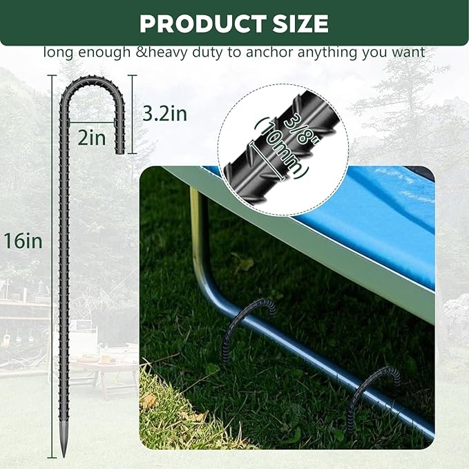 10 Pieces J Hooks Rebar Metal Tent Stakes 16 Inch Galvanized Ground Anchors Yard Stakes for Landscape Fabric Artificial Turf Heavy Duty Anti Rust for Outdoor Lawn Decorations Inflatables Swing Set