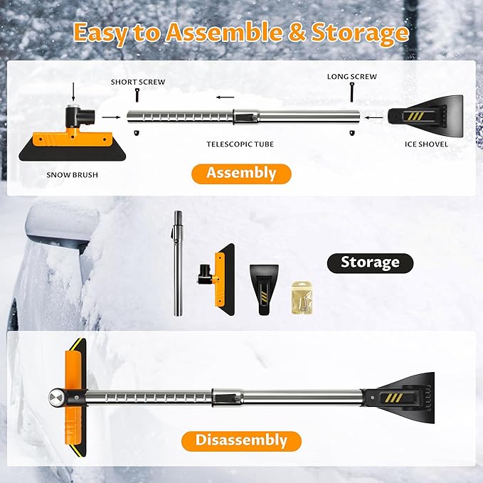 helloleiboo 39.4" Ice Scrapers for Car Windshield Extendable Snow Brush for Car 12 Adjustable Length Settings with 360° Pivoting Brush Head Snow Removal Tools Snow Brush and Ice Scraper for Truck SUV