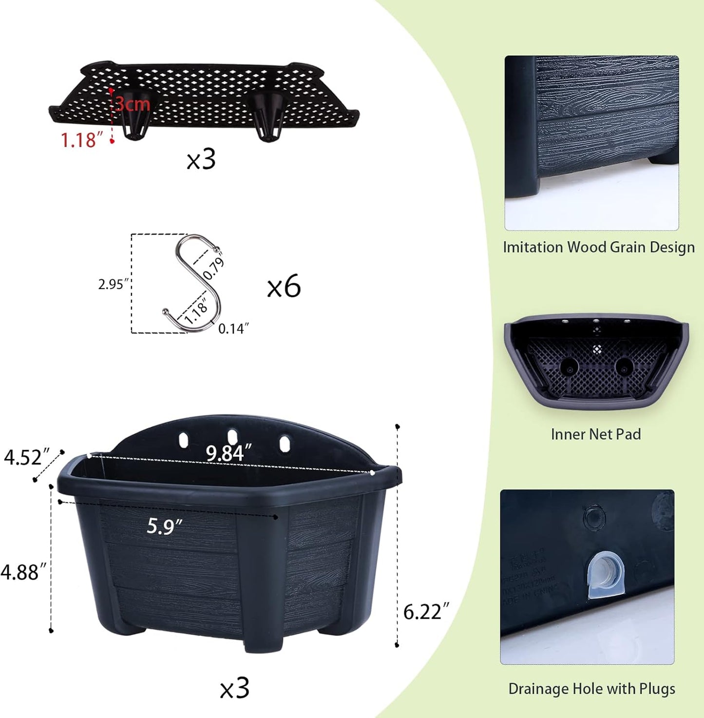 summer flower Hanging Flower Pots, 3 Pack 9.84” Wall Hanging Planters for Railing Fence Balcony, Plastic Plants Pots for Window Box Garden Outdoor Flowers Indoor Decor (Black)