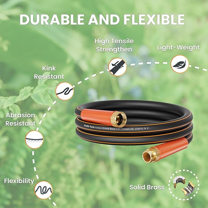Giraffe Tools Garden Hose 12ft x 3/4", Heavy Duty Water Hose, Flexible, Hybrid Lightweight Hose with Swivel Handle, Male to Female Fittings, Burst 600 PSI