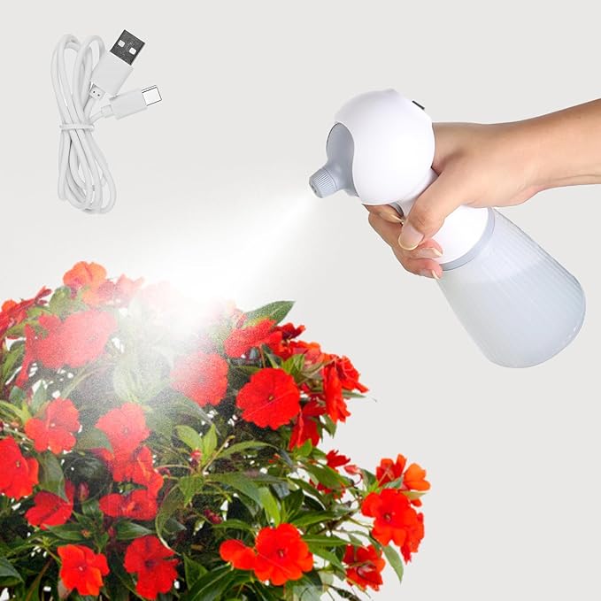 electric sprayer, electric spray bottle, long battery life, portable, USB charging, continuous spray bottle, watering can indoor plants, suitable for gardening and courtyard (white)
