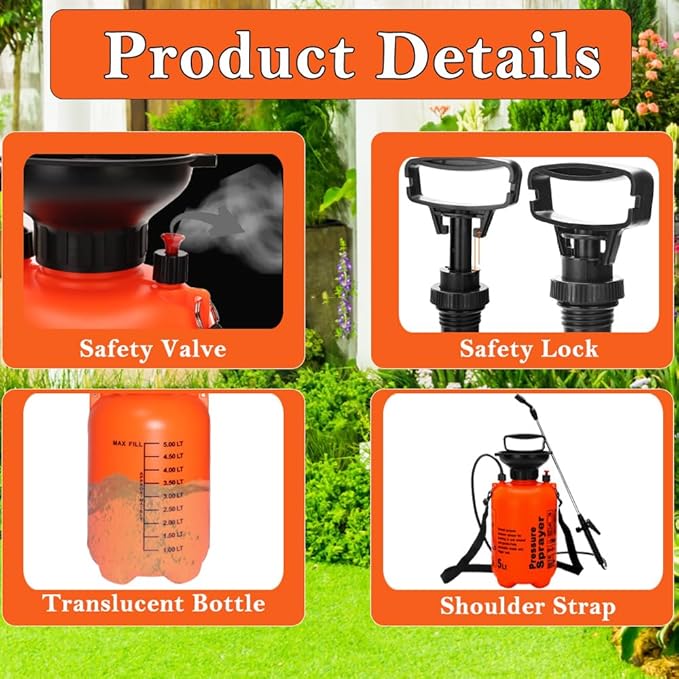 NewBeeclassic 1.3Gal/5L Garden Sprayer, Pressurized Water Spray Bottle with Adjustable Shoulder Strap Pump Pressure Sprayer for Weeds, Lawn Care & Pesticides (Orange)