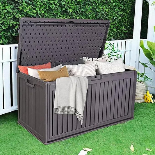 KUIKUI 130 Gallon Deck Box Waterproof, Pool Storage Box, Outside Resin Deck Box for Patio Cushions, Garden Tools and Sports Pools Equipment