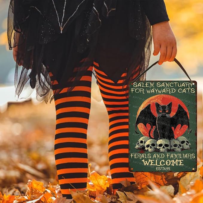 Salem Sanctuary Black Cat Metal Tin Sign Halloween Decor Vintage Gothic Decor Retro Wall Art Rustic Tin Plaque For Home Bar Cat Lovers 12x16inch