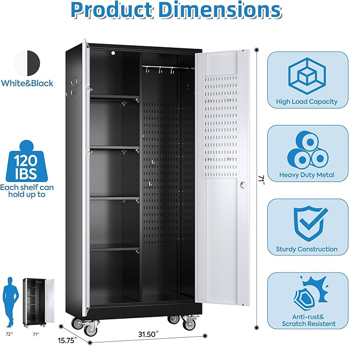 71" H Broom Closet Storage Cabinet with Wheels and Pegboard,Metal Garage Storage Cabinet with Lockable and Magnetic Doors,Adjustable Shelves for Garage Home Office,Required Assembly,Black and White