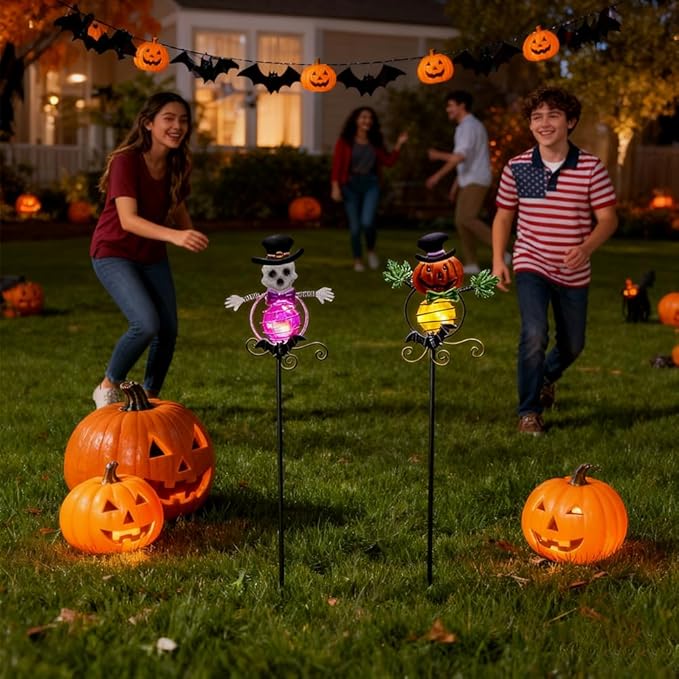 Solar Halloween Decorations Outdoor,2 Pack Pumpkin＆Skull Halloween Metal Yard Stakes,Solar Yard Signs Decorative Garden Stakes for Outside Lawn Patio Pathway
